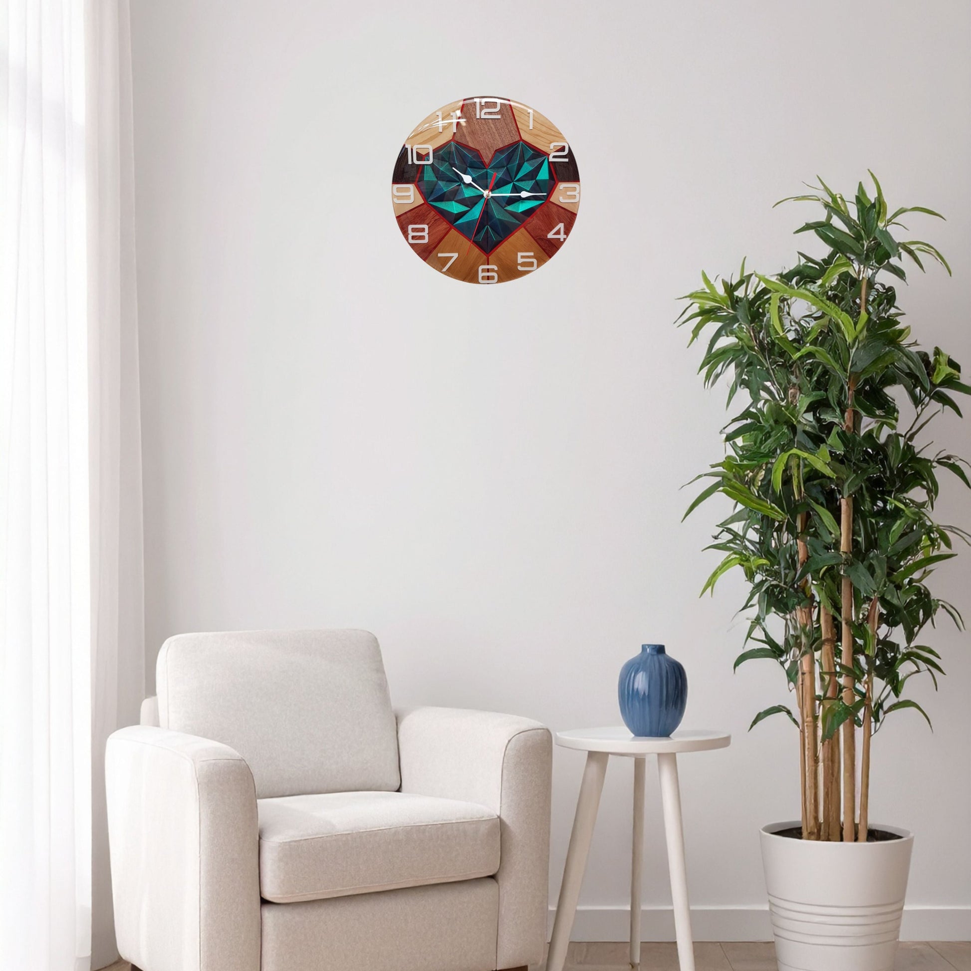 Handcrafted epoxy resin wall clock with multi-wood design and 3D chameleon heart center