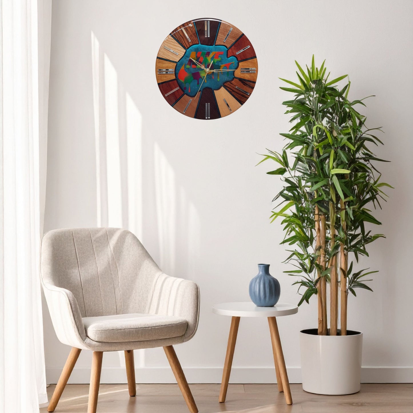 “Luxury Chaos – Color Strike” art clock displayed on a wall, showing its color-shifting kameleon effect in natural light.