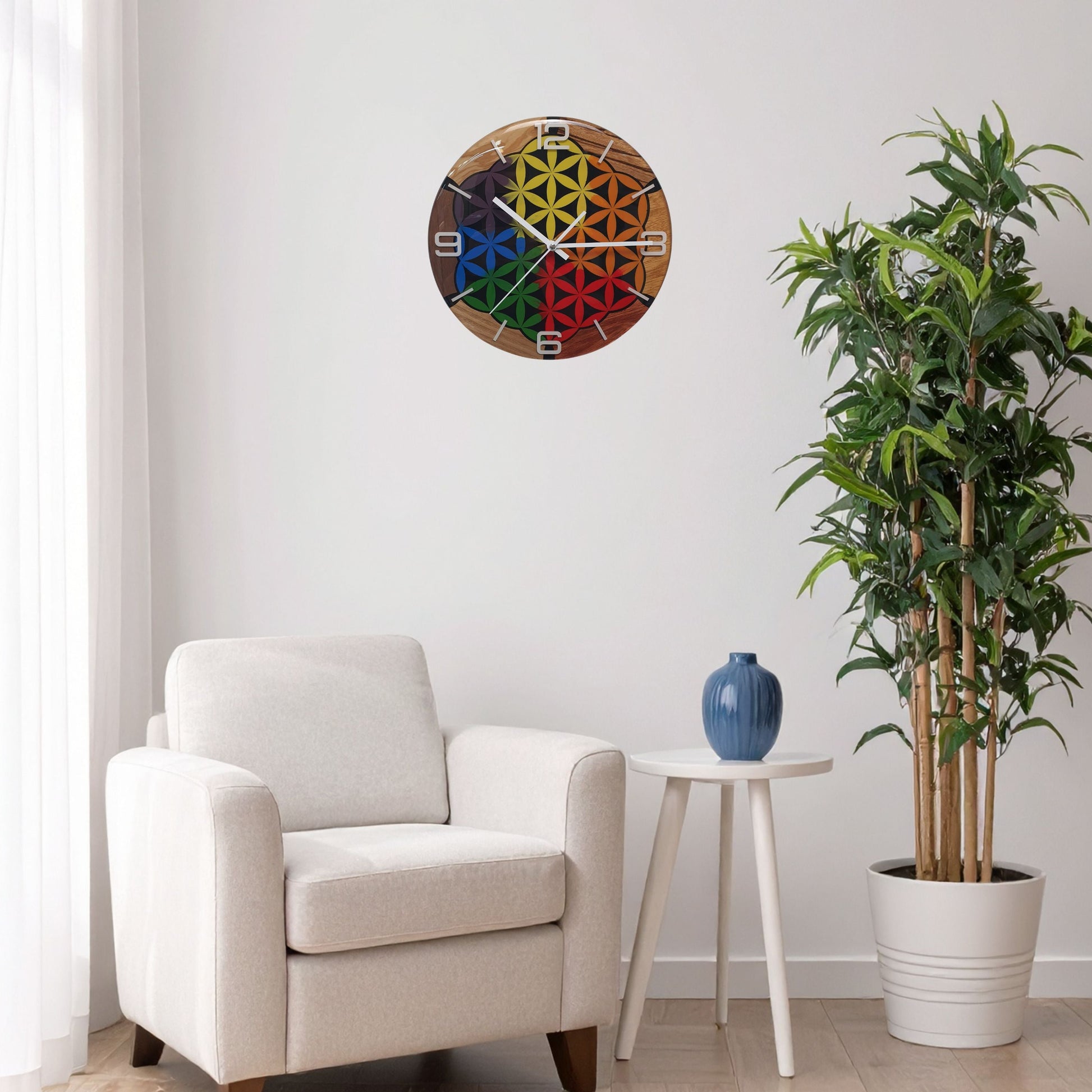 Wood Line resin wall clock displayed on white wall interior