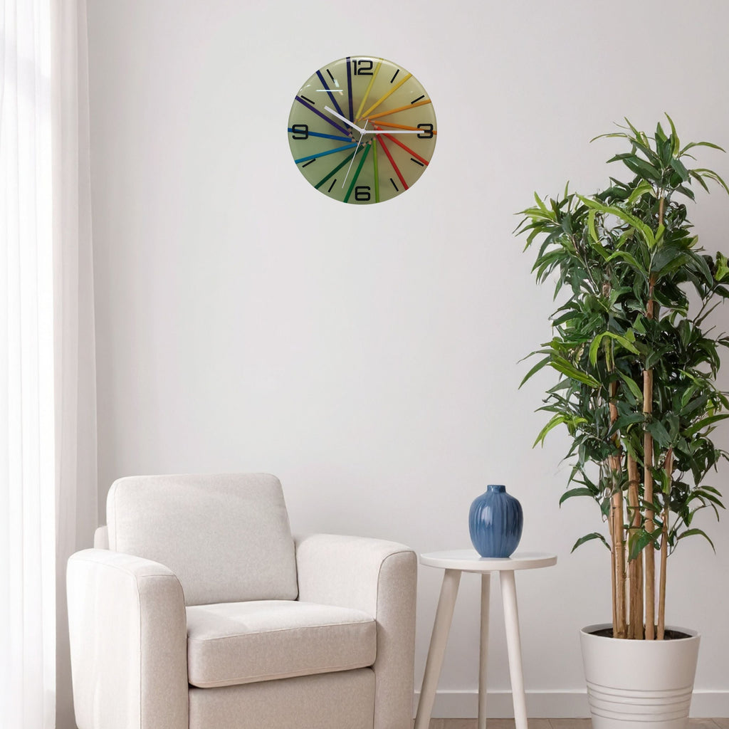 Neon Spiral wall clock displayed hanging on a wall interior