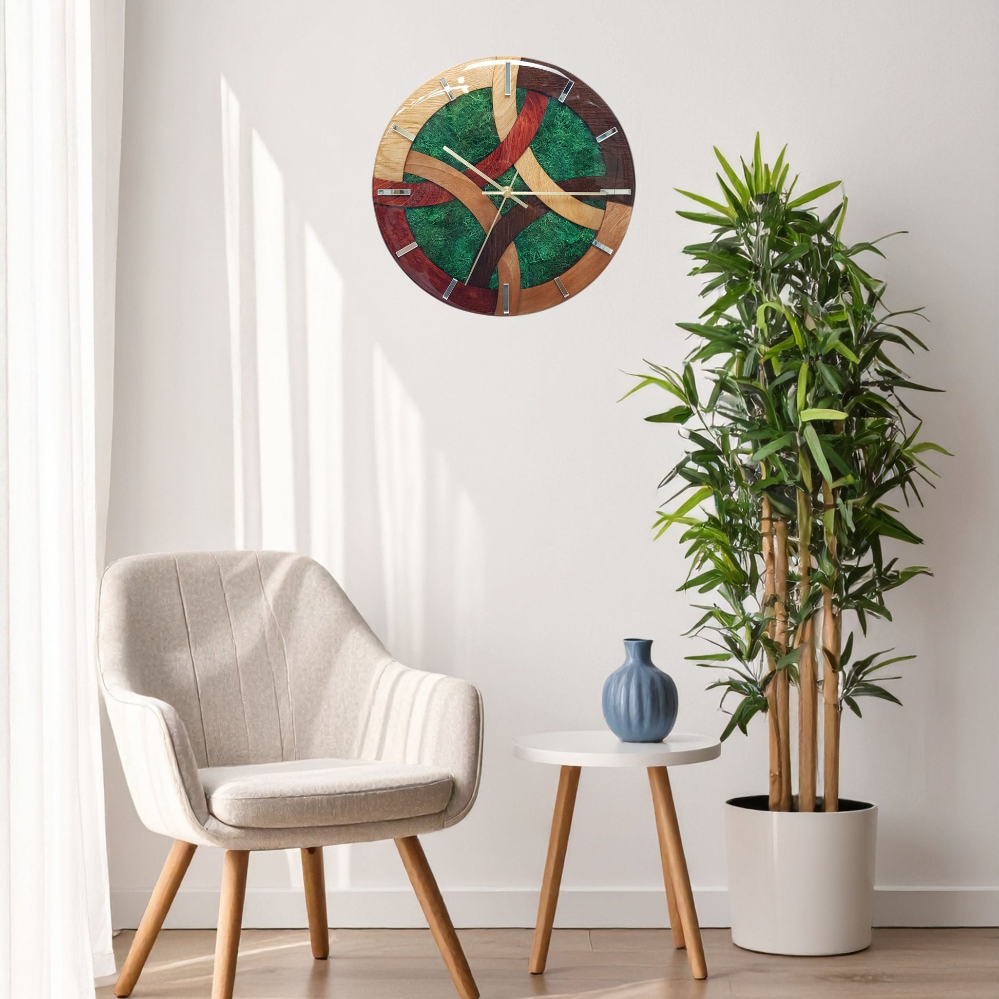 Wall-mounted view showing the clock in a home interior environment