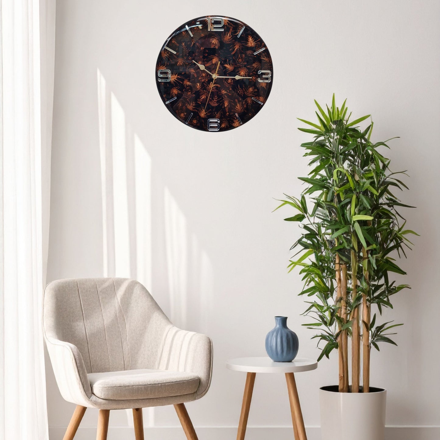 Wide wall view of the “Pine Shadows” clock as a natural yet modern decorative piece