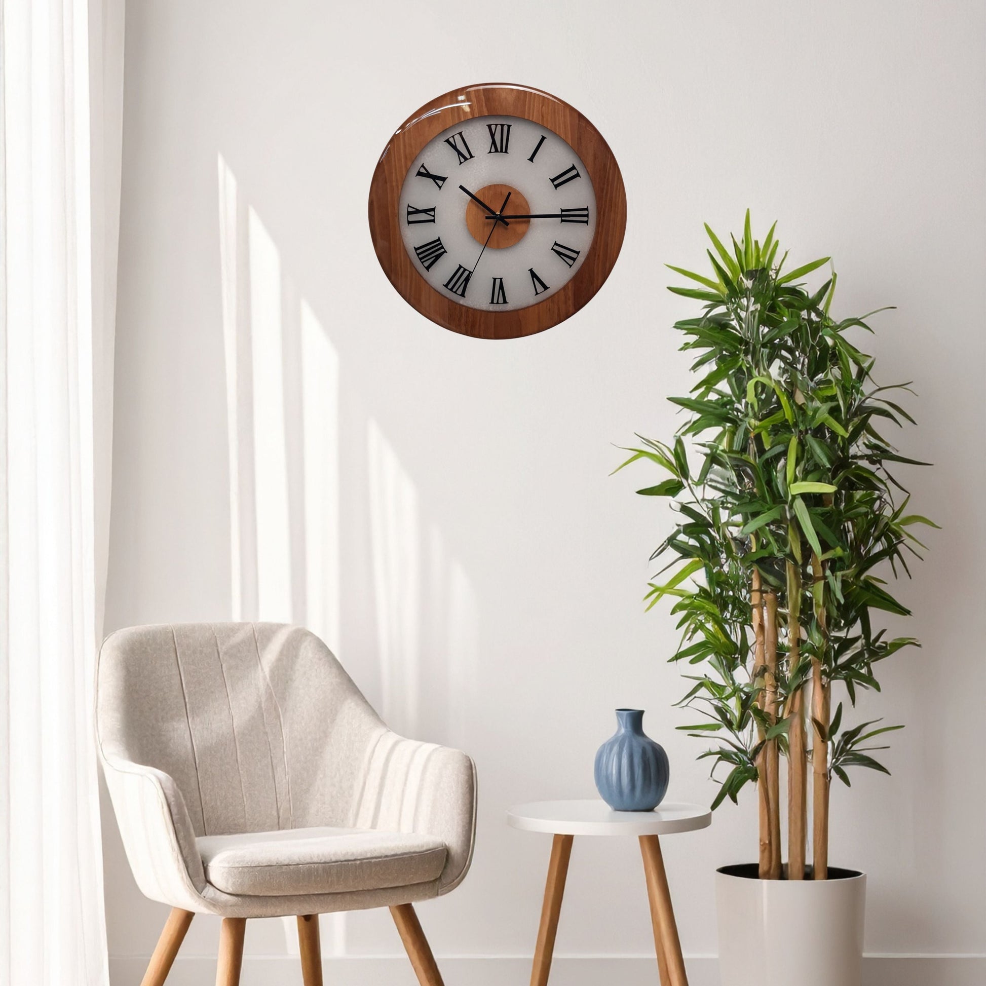 Roman numeral walnut clock hanging on wall – modern interior presentation.