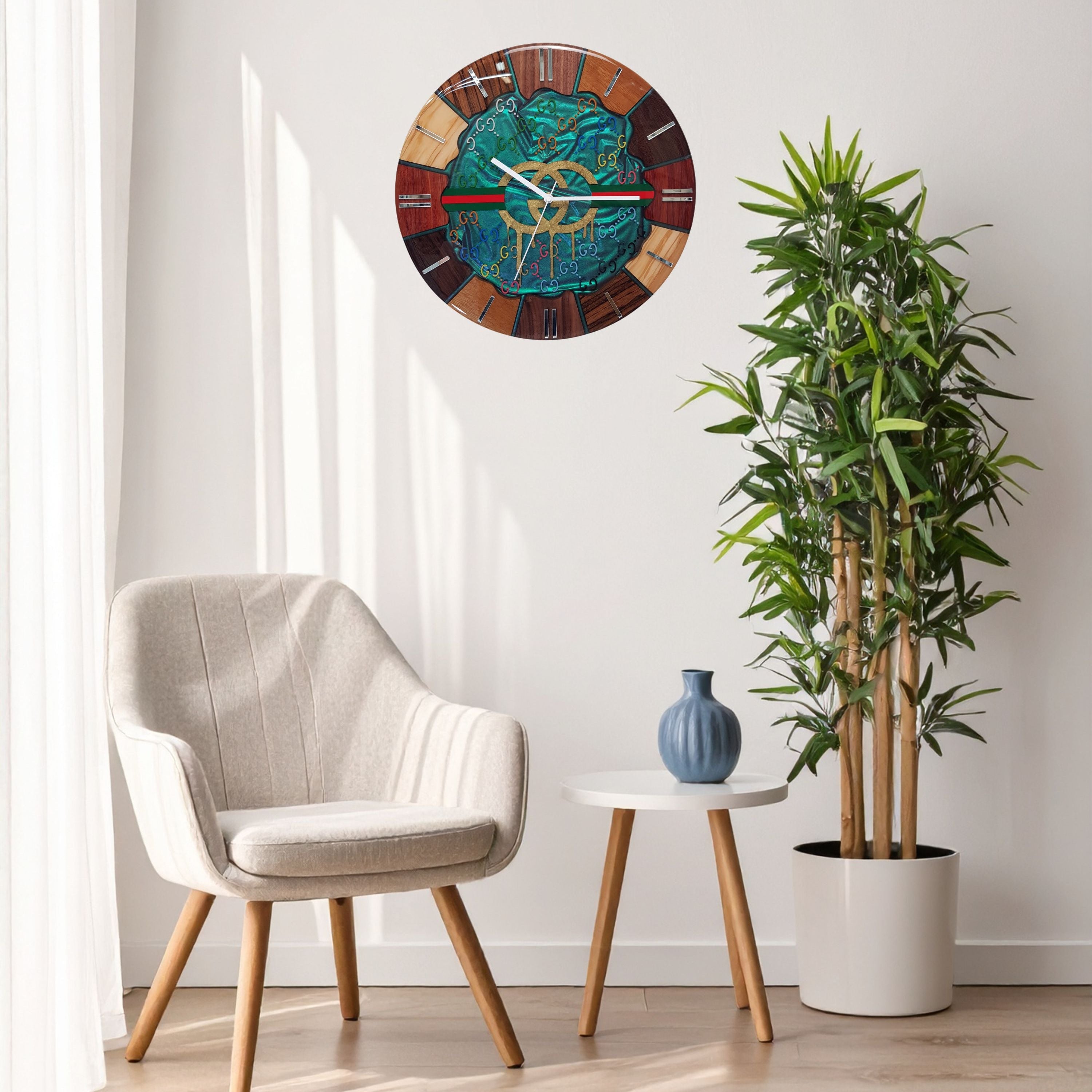 Interior wall view — “Emerald Flow” clock hanging in a modern room setting