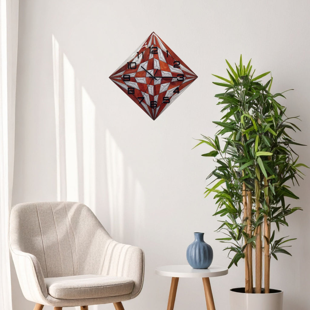 Pearl Compass clock displayed on the wall as a luxury wood and resin statement piece