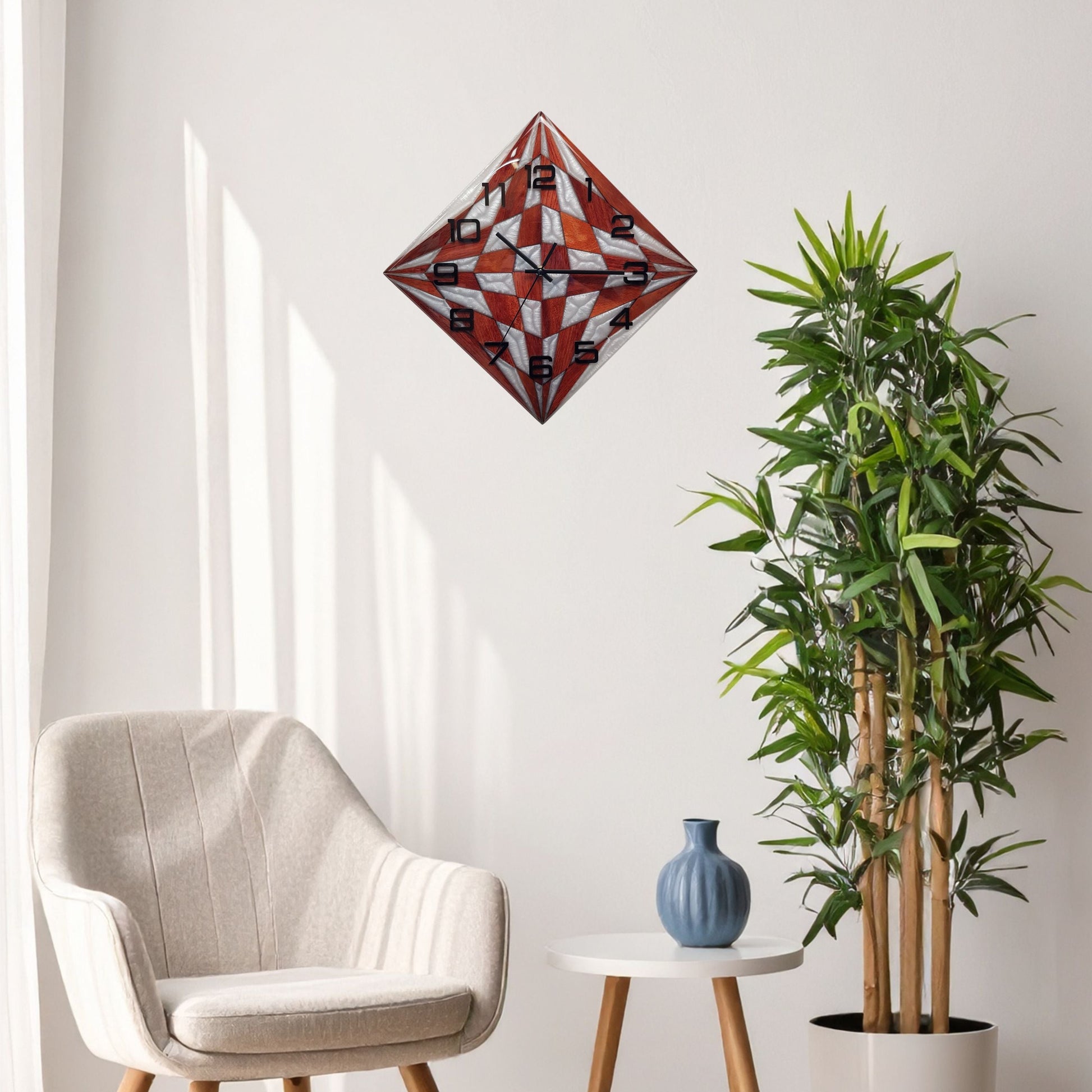 Pearl Compass clock displayed on the wall as a luxury wood and resin statement piece