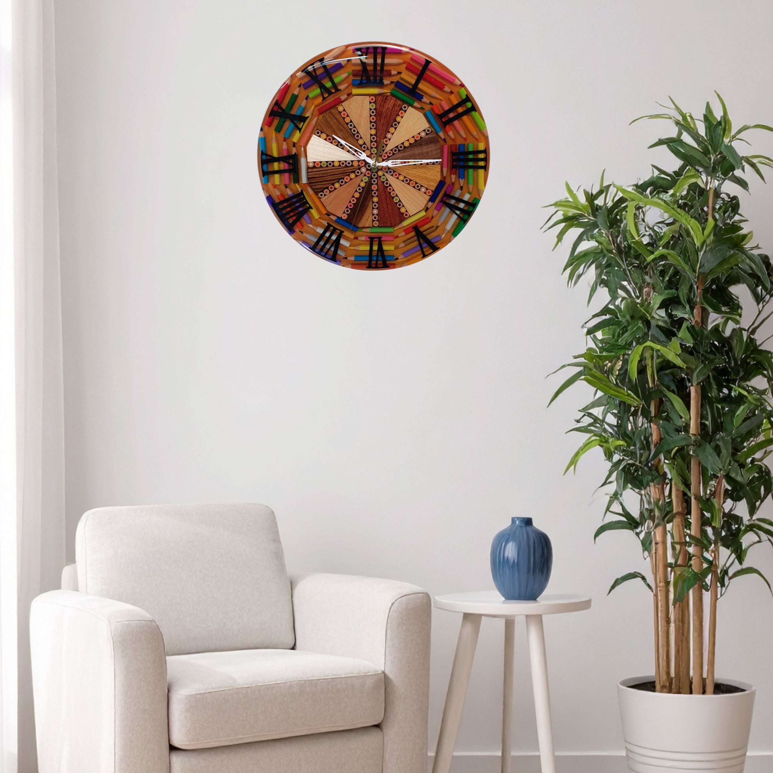 "Timber Pop" wall clock displayed on a white wall – playful and colorful timepiece with artistic character