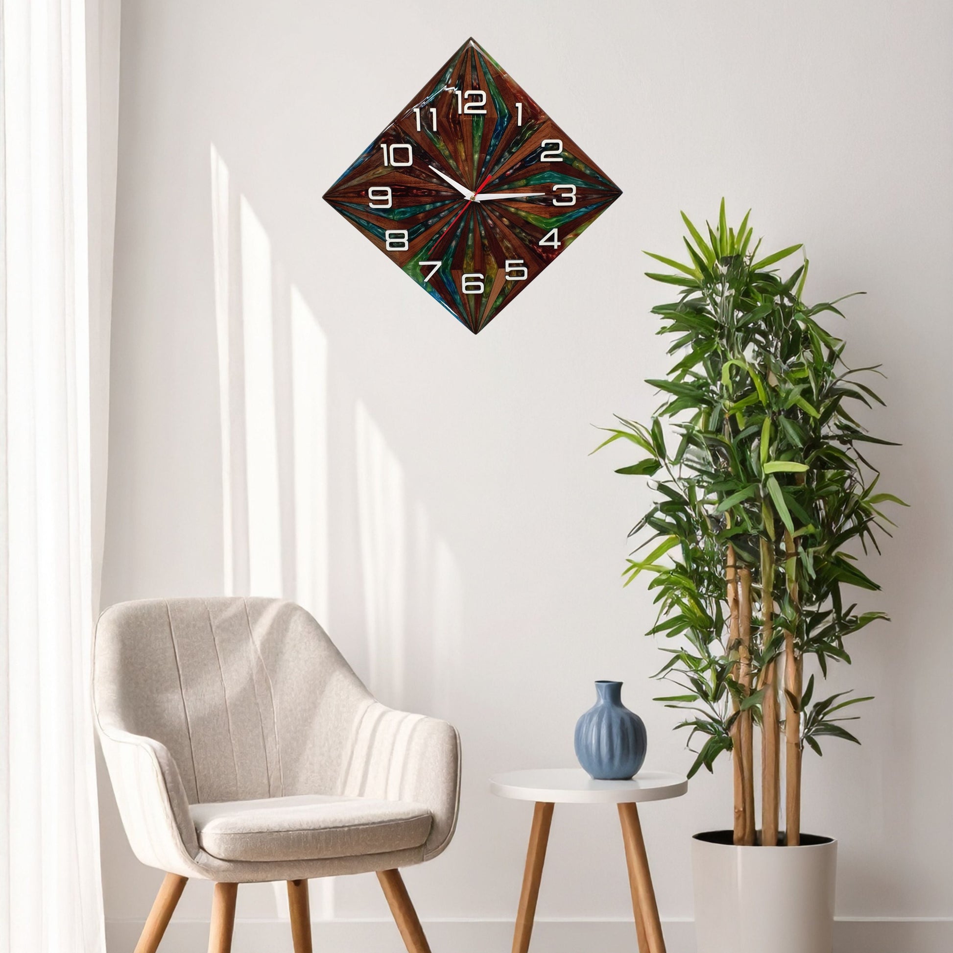 "Walnut Prism" clock hanging on a wall – modern geometric design with natural and colorful contrast